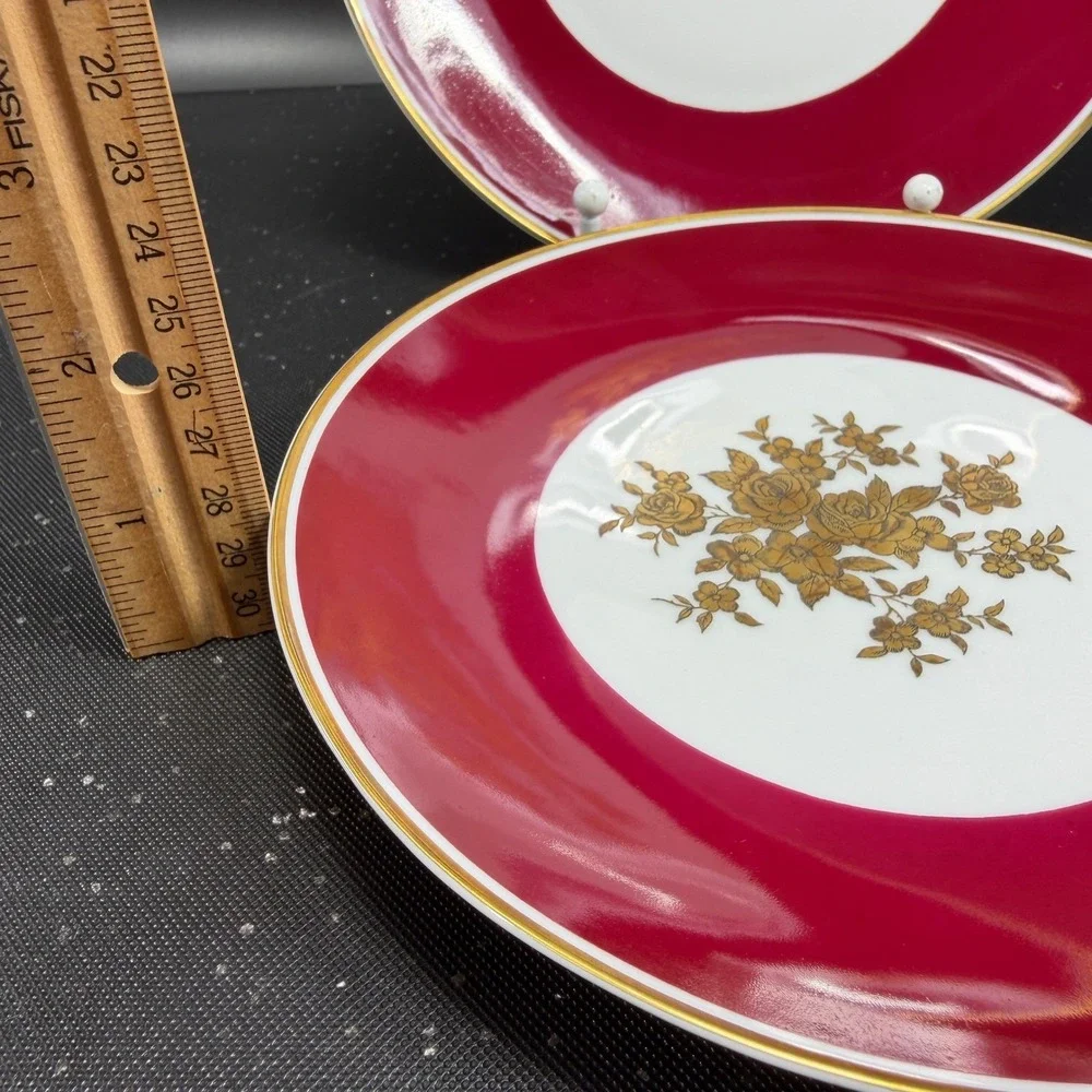Lichte Fine China Riga Salad Plates Set 4 Red Gold Floral Germany 7 inch Vintage